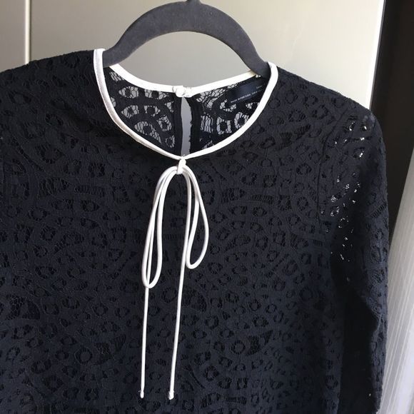 Zara M black lace long sleeve crop top white bow tie lacy shirt blouse witchy​ - Picture 8 of 15